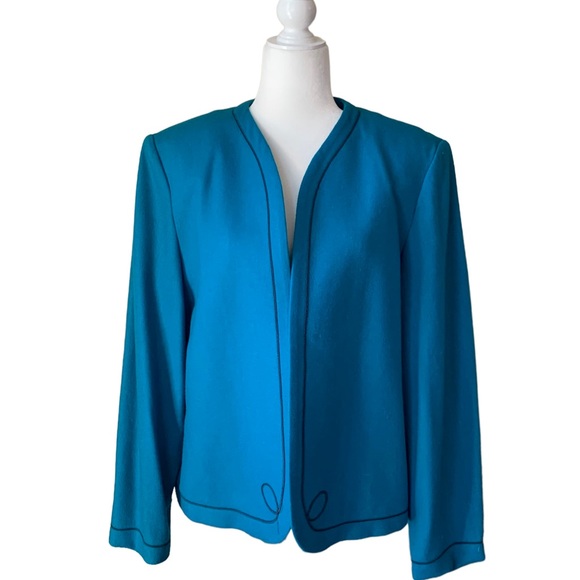 VINTAGE LESLIE FAY TURQUOISE WOOL BLAZER - Picture 6 of 11